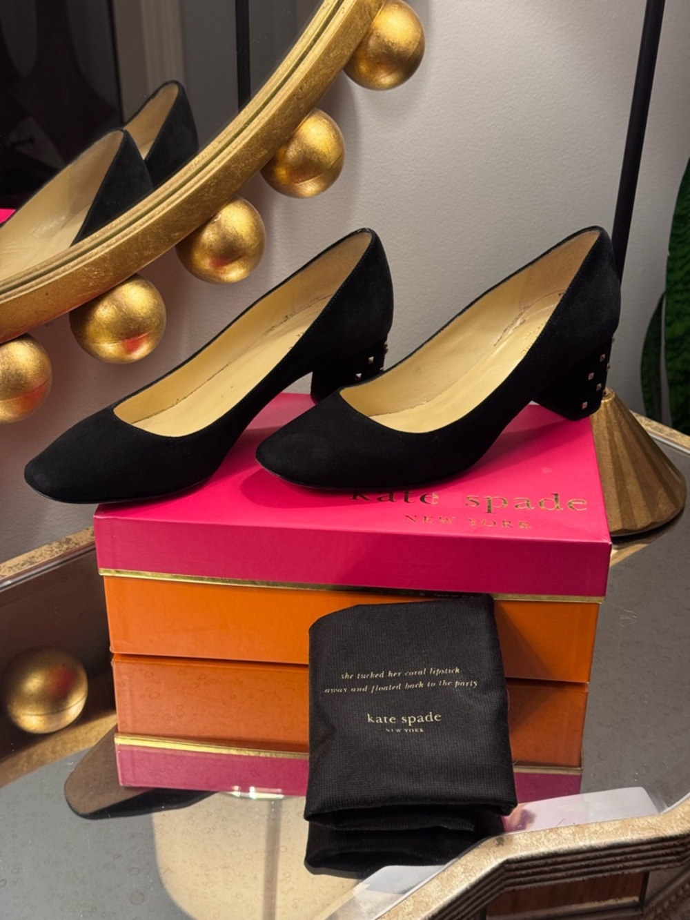 Kate Spade Black Suede Gold Studded Heels Pumps - Size 9 - Picture 6 of 13